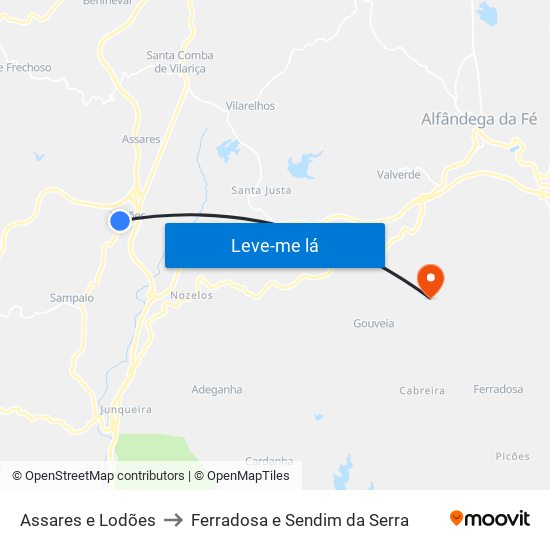 Assares e Lodões to Ferradosa e Sendim da Serra map