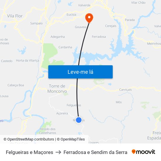 Felgueiras e Maçores to Ferradosa e Sendim da Serra map