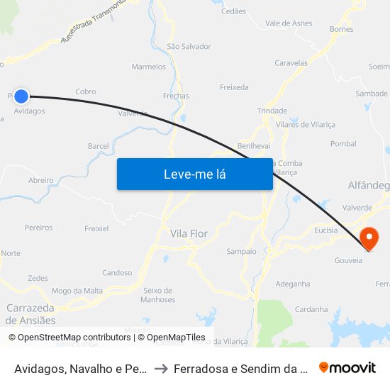 Avidagos, Navalho e Pereira to Ferradosa e Sendim da Serra map