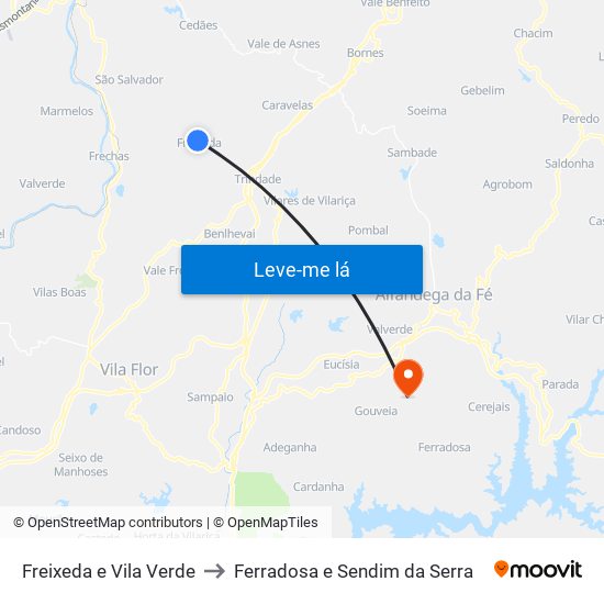 Freixeda e Vila Verde to Ferradosa e Sendim da Serra map