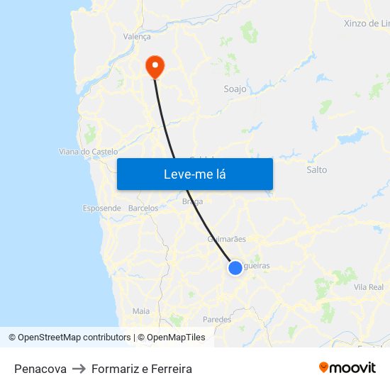 Penacova to Formariz e Ferreira map