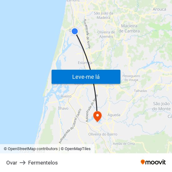 Ovar to Fermentelos map