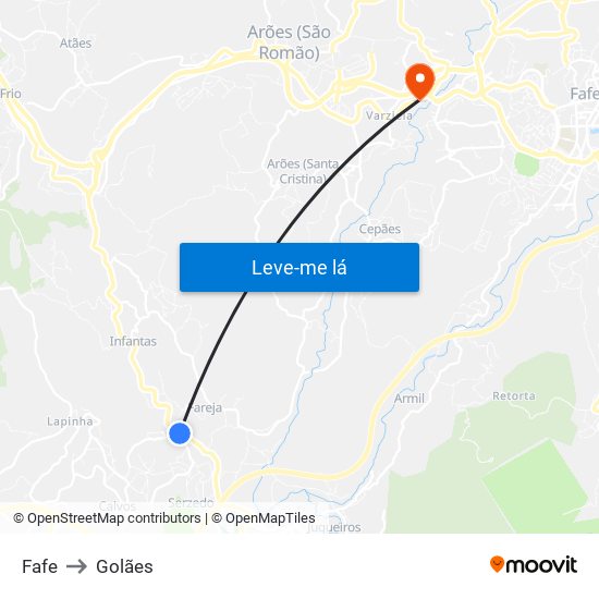Fafe to Golães map