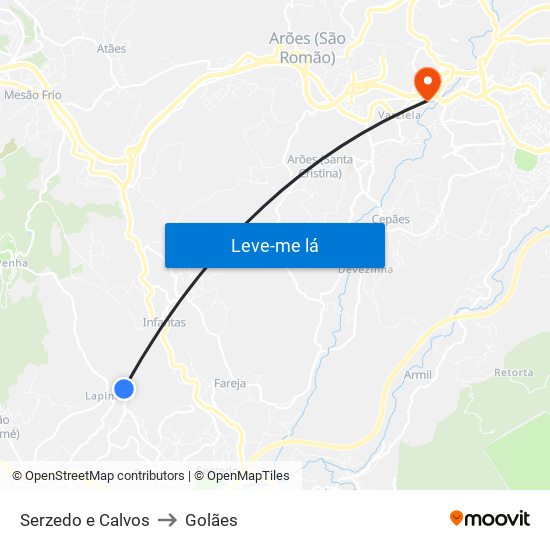 Serzedo e Calvos to Golães map