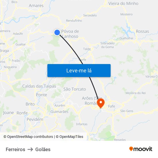 Ferreiros to Golães map