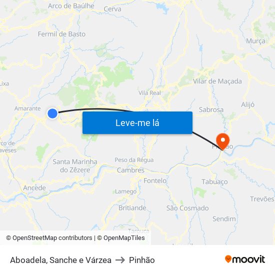 Aboadela, Sanche e Várzea to Pinhão map