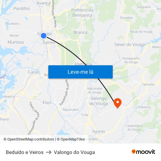 Beduído e Veiros to Valongo do Vouga map