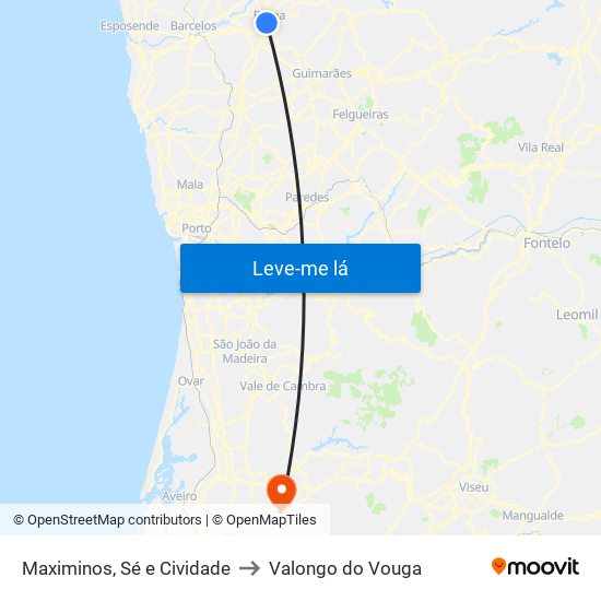 Maximinos, Sé e Cividade to Valongo do Vouga map