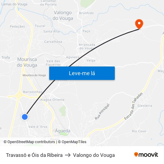 Travassô e Óis da Ribeira to Valongo do Vouga map