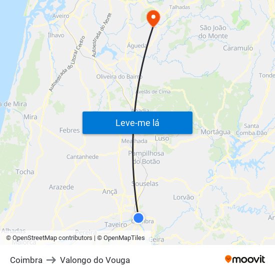 Coimbra to Valongo do Vouga map