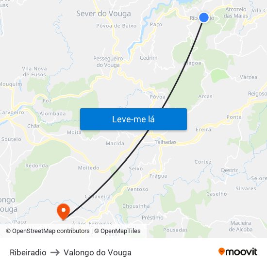 Ribeiradio to Valongo do Vouga map