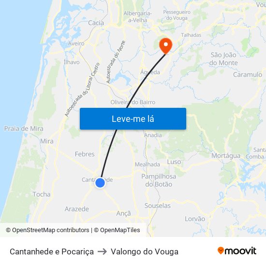 Cantanhede e Pocariça to Valongo do Vouga map