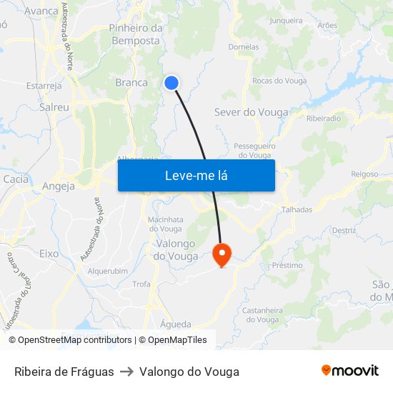 Ribeira de Fráguas to Valongo do Vouga map