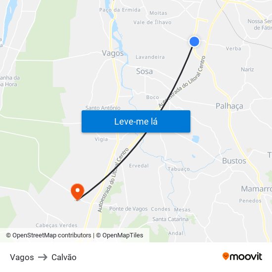 Vagos to Calvão map