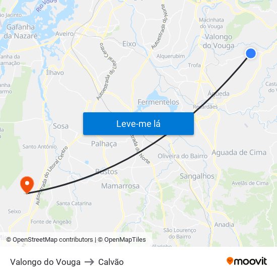 Valongo do Vouga to Calvão map