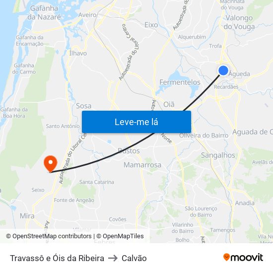 Travassô e Óis da Ribeira to Calvão map