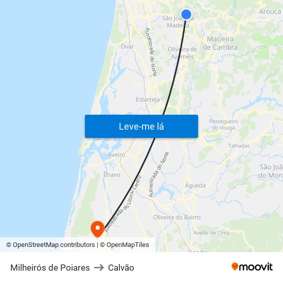 Milheirós de Poiares to Calvão map