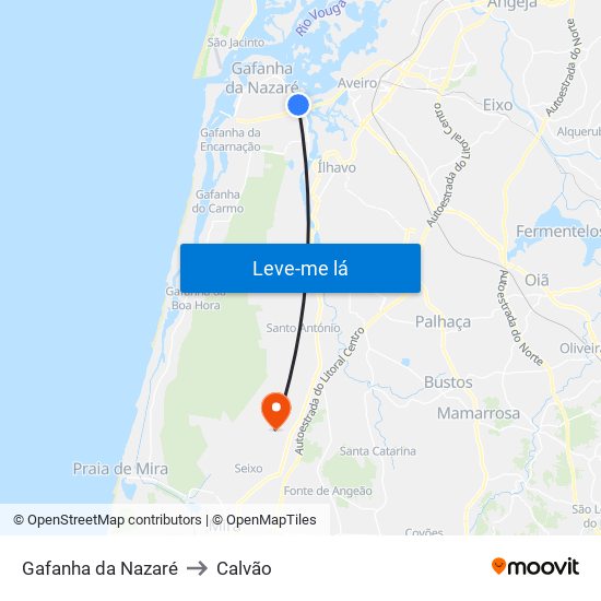 Gafanha da Nazaré to Calvão map