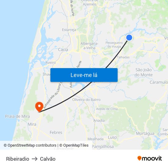 Ribeiradio to Calvão map