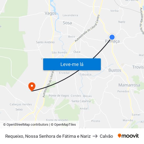 Requeixo, Nossa Senhora de Fátima e Nariz to Calvão map