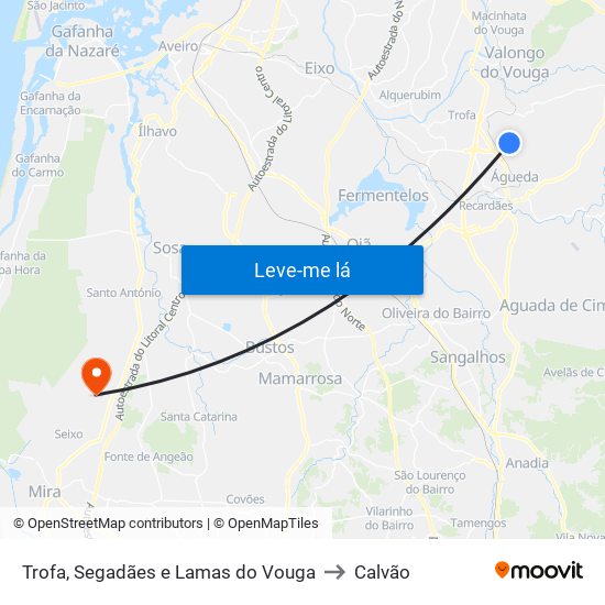 Trofa, Segadães e Lamas do Vouga to Calvão map