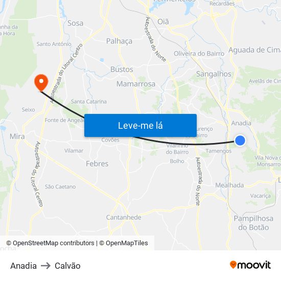 Anadia to Calvão map