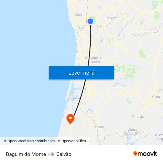 Baguim do Monte to Calvão map