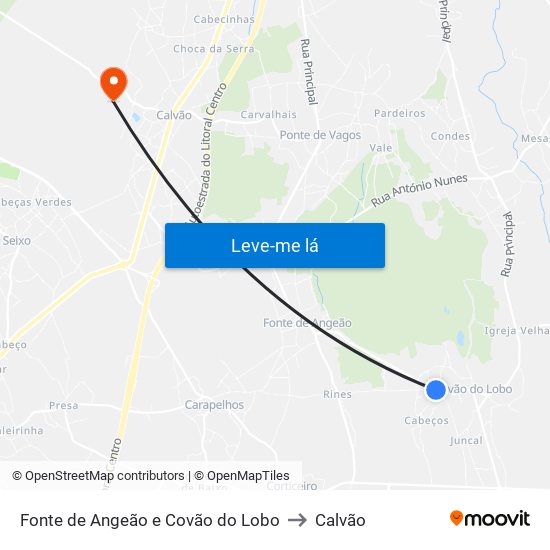 Fonte de Angeão e Covão do Lobo to Calvão map