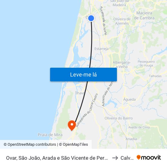 Ovar, São João, Arada e São Vicente de Pereira Jusã to Calvão map
