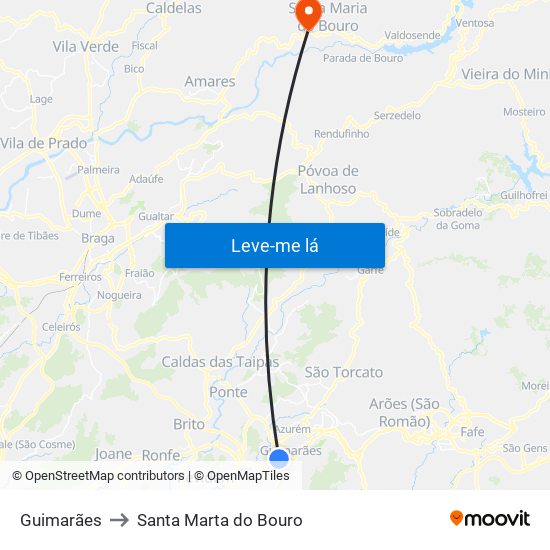 Guimarães to Santa Marta do Bouro map