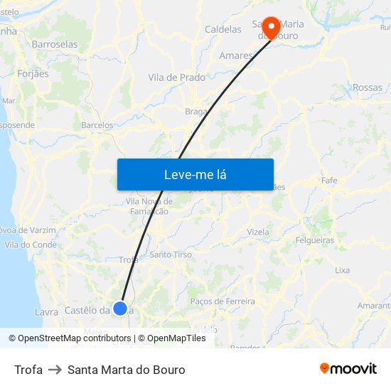 Trofa to Santa Marta do Bouro map