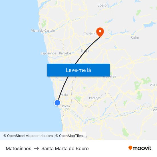 Matosinhos to Santa Marta do Bouro map