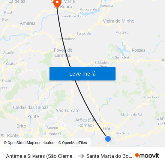Antime e Silvares (São Clemente) to Santa Marta do Bouro map