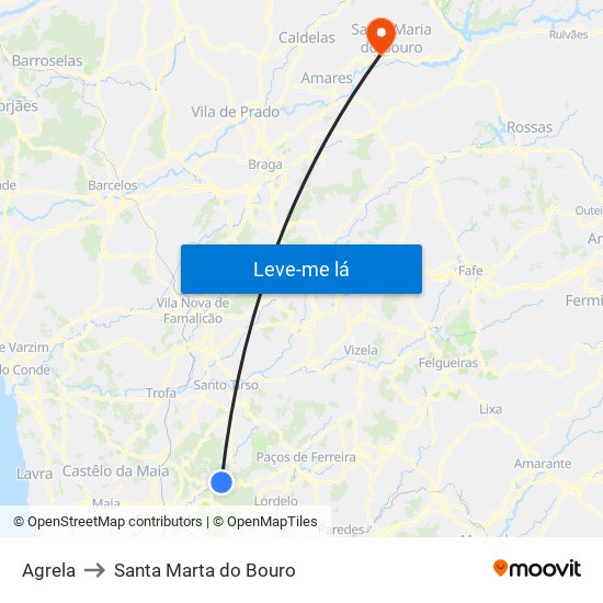 Agrela to Santa Marta do Bouro map