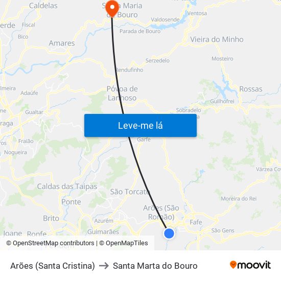 Arões (Santa Cristina) to Santa Marta do Bouro map