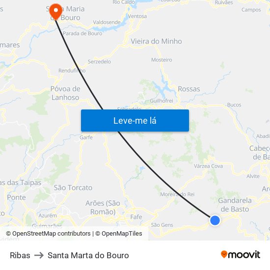 Ribas to Santa Marta do Bouro map