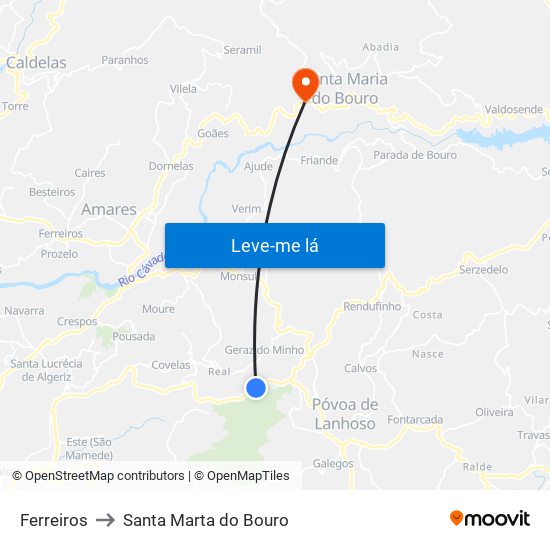 Ferreiros to Santa Marta do Bouro map