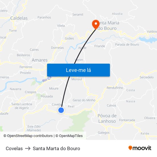 Covelas to Santa Marta do Bouro map