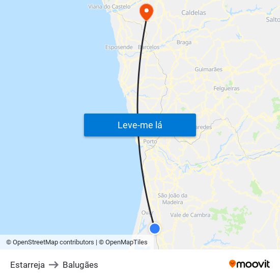 Estarreja to Balugães map