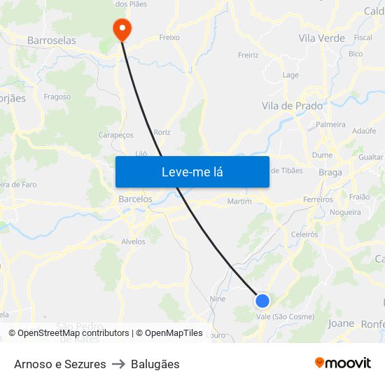 Arnoso e Sezures to Balugães map