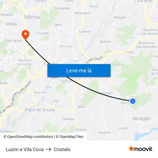 Luzim e Vila Cova to Cristelo map