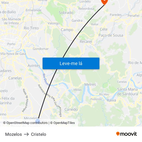 Mozelos to Cristelo map