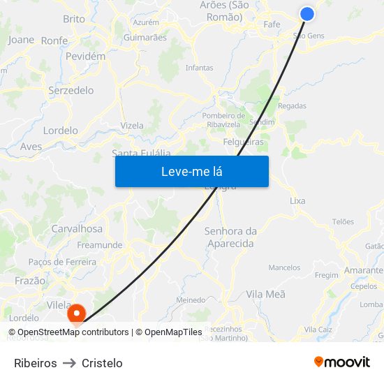 Ribeiros to Cristelo map