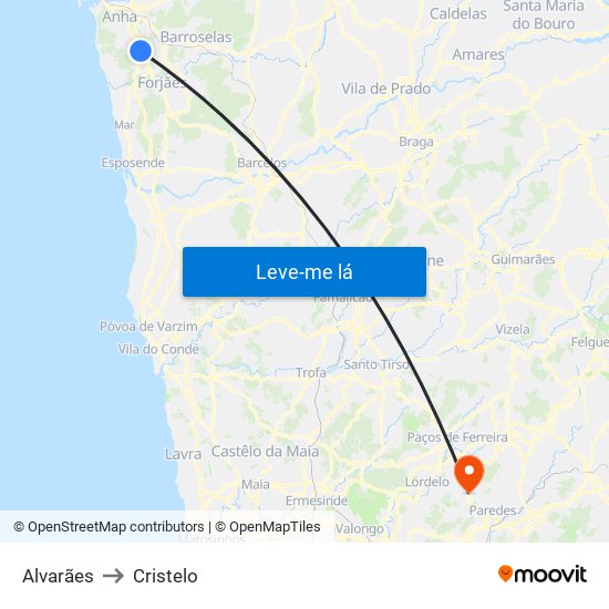 Alvarães to Cristelo map