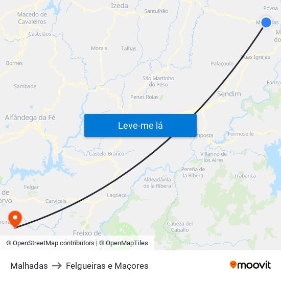 Malhadas to Felgueiras e Maçores map