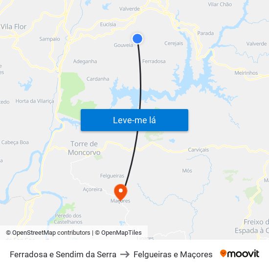 Ferradosa e Sendim da Serra to Felgueiras e Maçores map