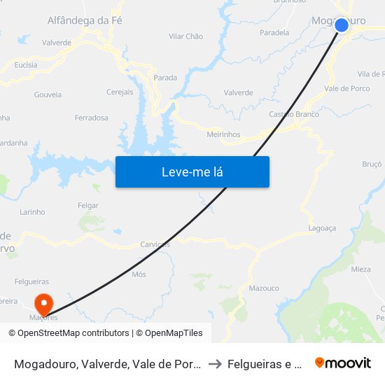 Mogadouro, Valverde, Vale de Porco e Vilar de Rei to Felgueiras e Maçores map