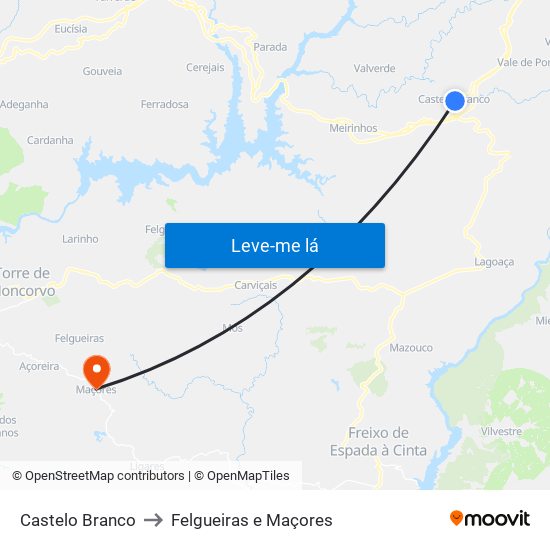 Castelo Branco to Felgueiras e Maçores map