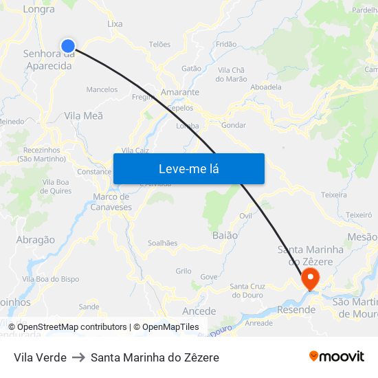 Vila Verde to Santa Marinha do Zêzere map
