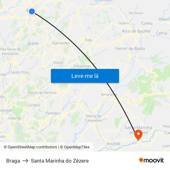 Braga to Santa Marinha do Zêzere map